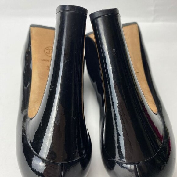 CHANEL Patent Silver Name Plate Chrome Logo Cap Toe Black Chunky Pumps Size 37.5 - Picture 7 of 10